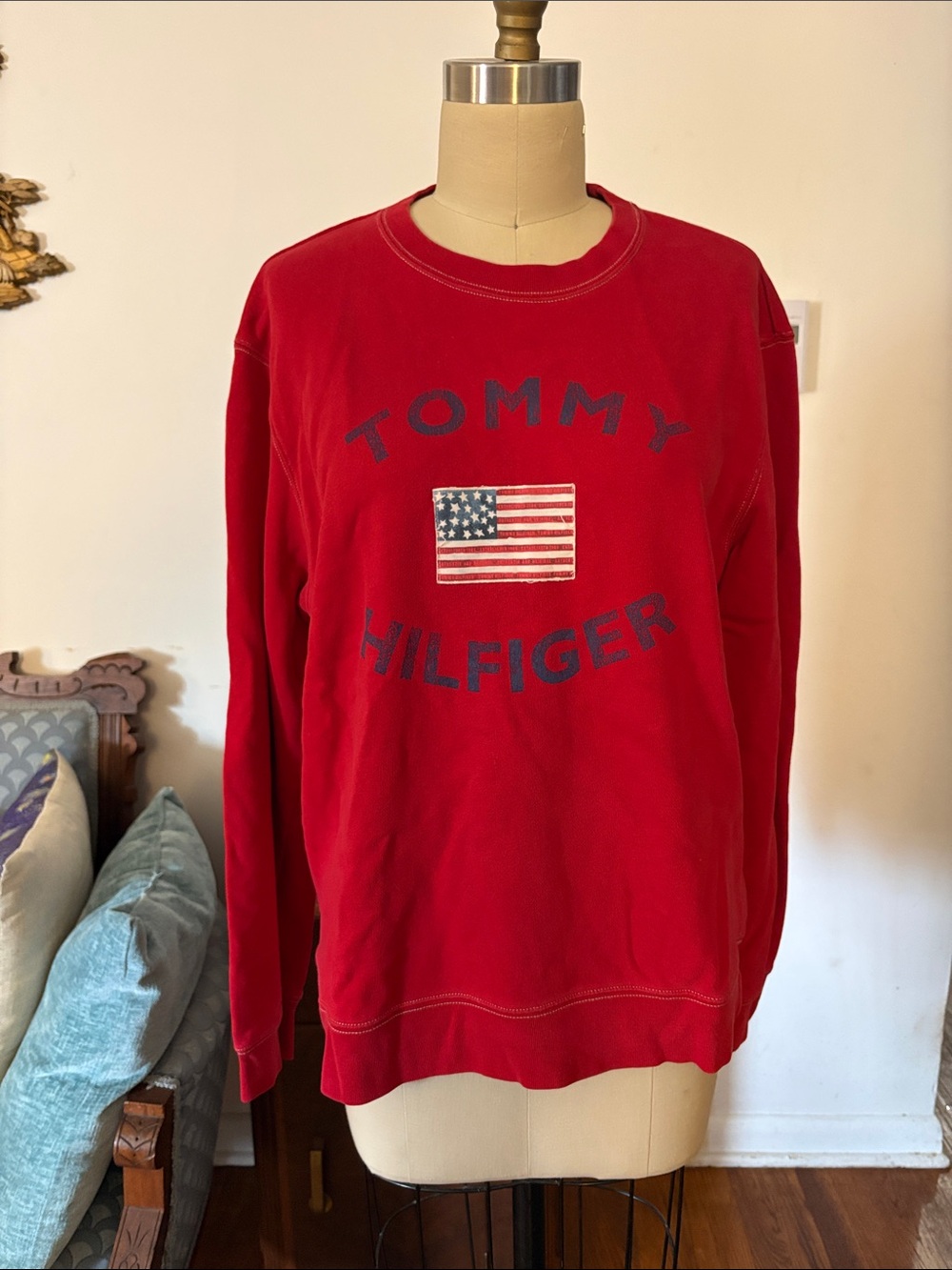 Tommy Hilfiger Red Crewneck Sweatshirt with Flag Patch